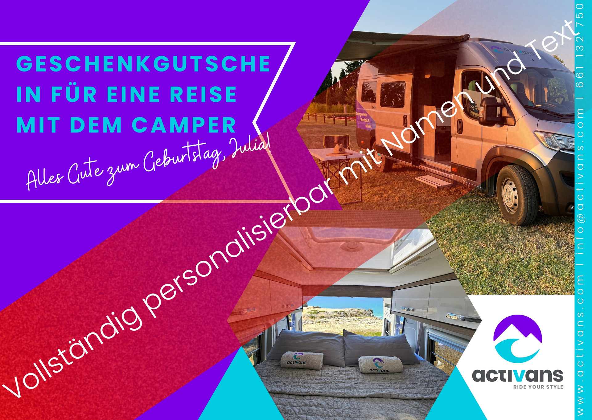 Personalisierbarer Camper Gutschein für Spanien l Activans Personalisierbarer Campervan Gutschein von Activans für eine Reise durch Spanien und die Costa Brava