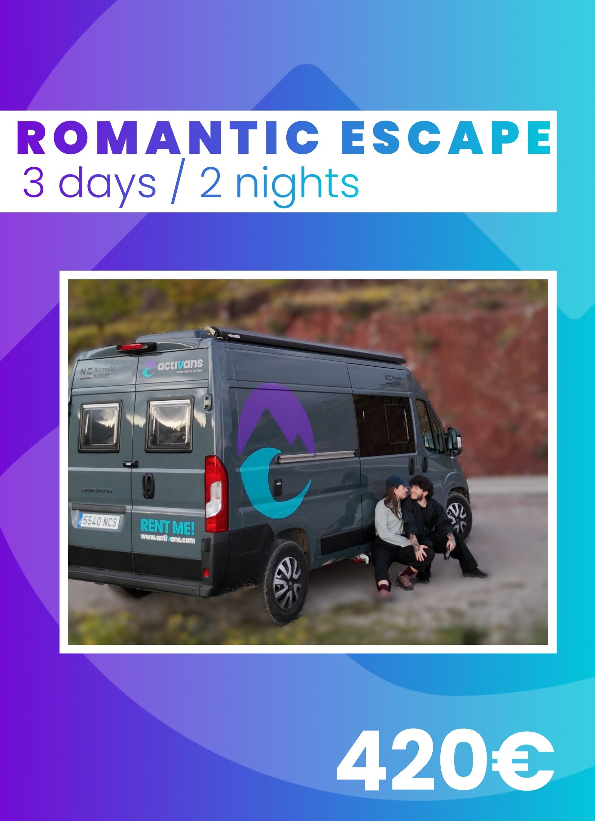 Romantic Escape for Two – Activans Campervan Gift Card Couple standing in front of an Activans campervan featured on a Romantic Escape gift voucher in Spain