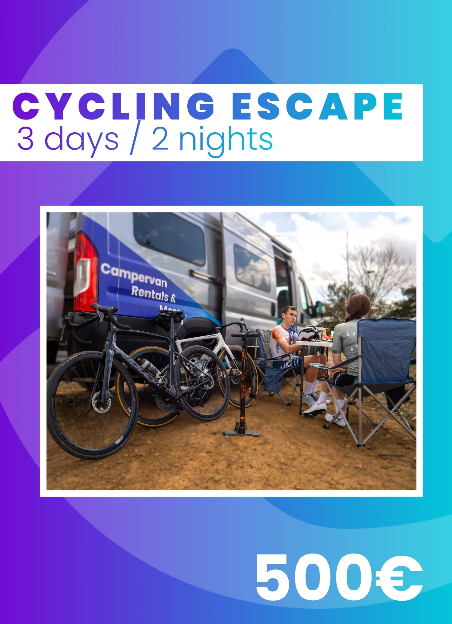Cycling Escape – Campervan Gift Voucher with Bike Rental Included | Activans Couple with bicycles next to an Activans campervan during a cycling holiday in Spain